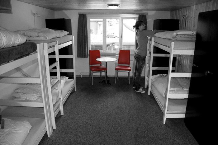 A budget hostel dormitory room